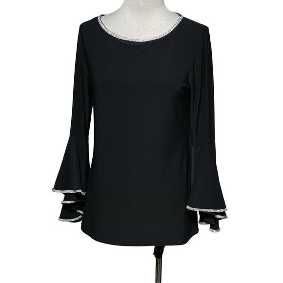 Roz & Ali Black Flounce Sleeve Blouse with Rhinestone Trim Small - Picture 1 of 8